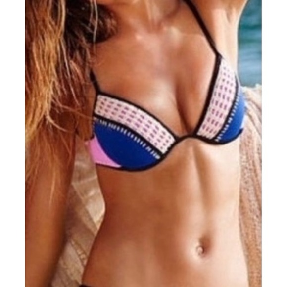 Victoria's Secret Flirt Crochet Bikini Push-up Swim Top - Size 34D - Blue/Pink - Picture 2 of 6